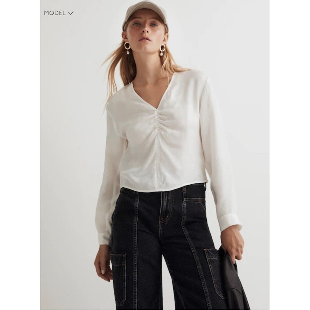 Madewell Brushed Ruched Front Top Size 6 White Cupro V Neck Long Sleeve NWT